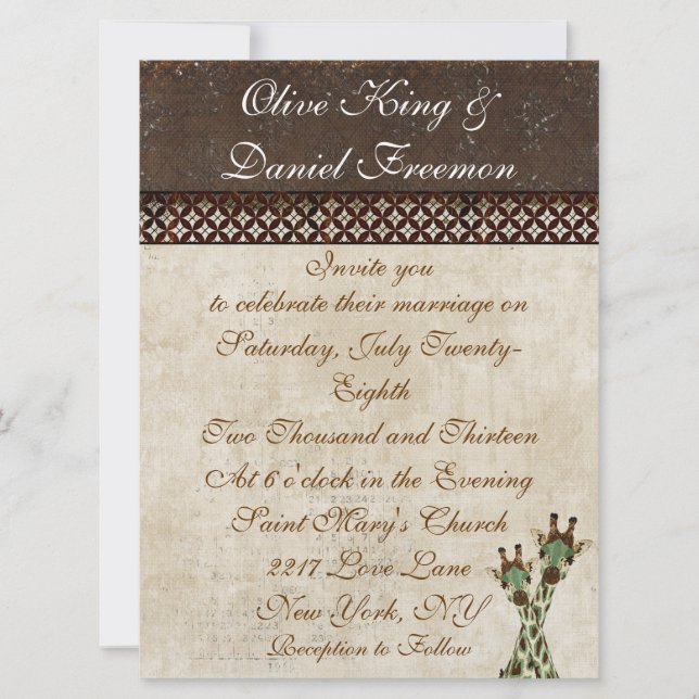 Teal & Copper Giraffes  Wedding Invitation (Front)
