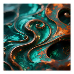 Teal Copper Liquid Metal Swirl Abstract Poster