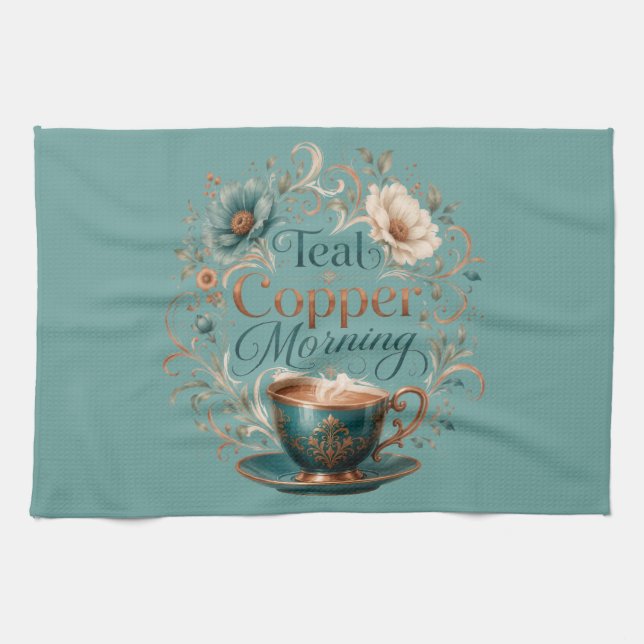 Teal Copper Morning Serving Tray Tea Towel (Horizontal)
