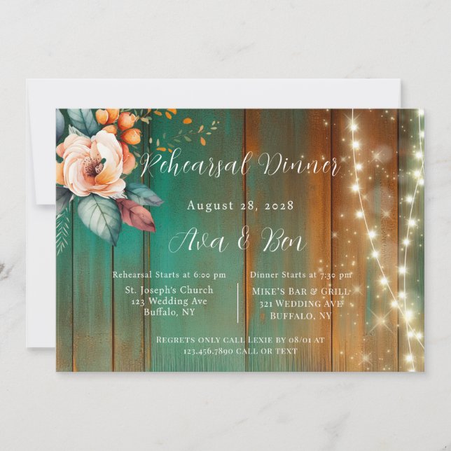 Teal Copper Peony Light Add Photo Rehearsal Dinner Invitation (Front)