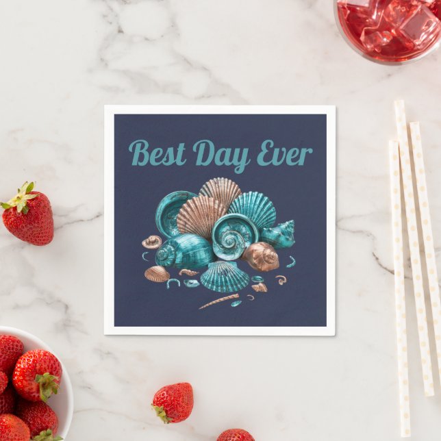 Teal Copper Sea Shell Beach Wedding Paper Napkin (Insitu)