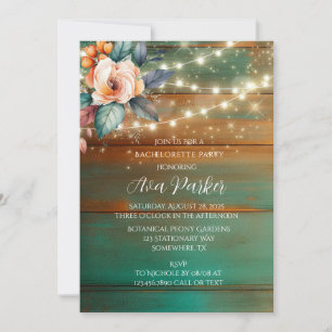 Teal Copper Wood Peony Light Bachelorette Party Invitation