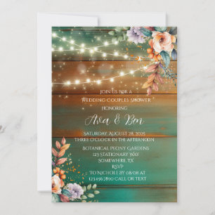 Teal Copper Wood Peony Light Wedding Couples Showe Invitation