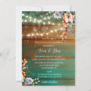 Teal Copper Wood Peony Lights Wedding Celebration Invitation