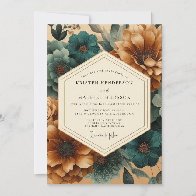 Teal Copperplate Flora Wedding Invitation (Front)