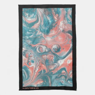 Teal Coral Abstract Black Original Acrylic Tea Towel