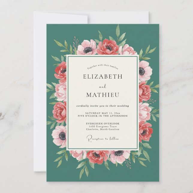 Teal Coral Anemone Wedding Invitation (Front)