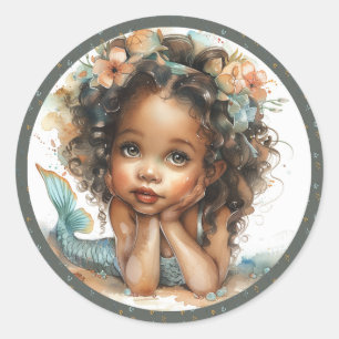 Teal & Coral Black Mermaid - Flower Crown Classic Round Sticker
