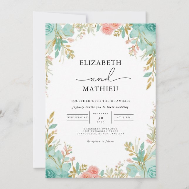 Teal & Coral Bloom Archway Wedding Invitation (Front)