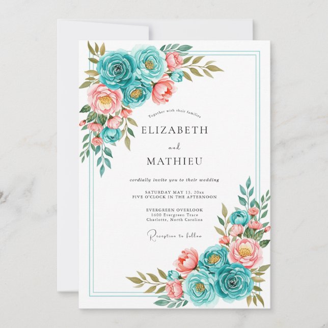Teal Coral Bloom Romance Wedding Invitation (Front)
