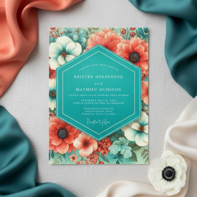 Teal Coral Bloom Romance Wedding Invitation (Creator Uploaded)