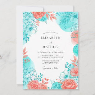 Teal Coral Blossom Romance Wedding Invitation