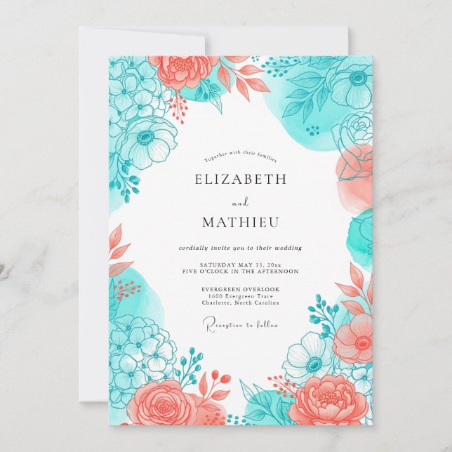 Teal Coral Blossom Romance Wedding Invitation (Front)