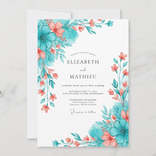 Teal Coral Botanical Romance Wedding Invitation (Front)