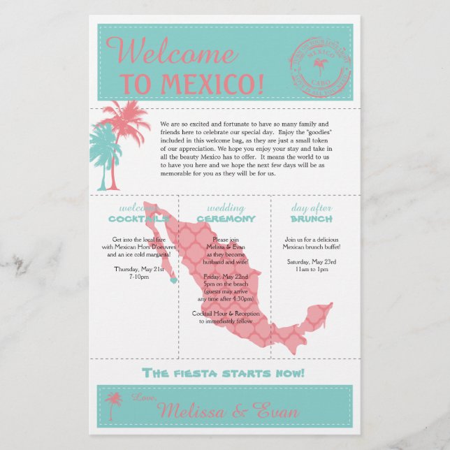Teal Coral Cabo Mexico Wedding Welcome Letter (Front)