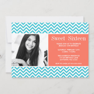 Teal Coral Chevron Sweet 16 Birthday Photo Invitation