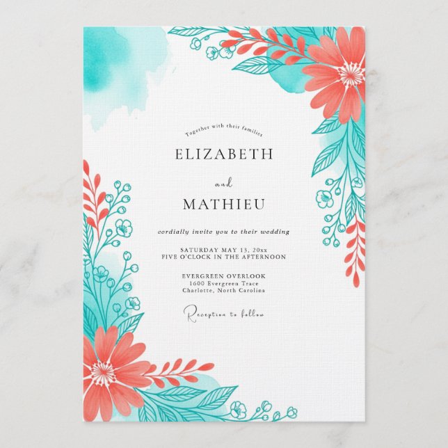 Teal Coral Ethereal Bloom Wedding Invitation (Front)