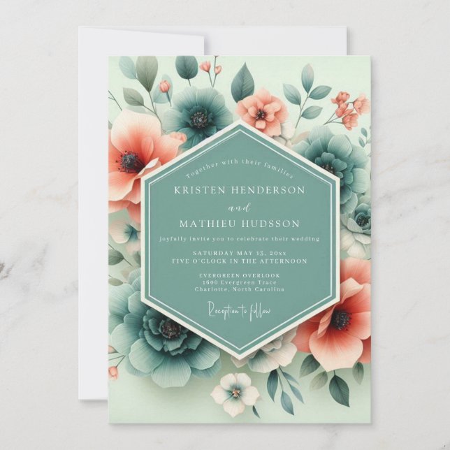Teal Coral Ethereal Flora Wedding Invitation (Front)