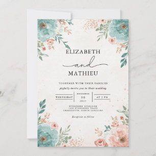 Teal & Coral Floral Flourish Wedding Invitation