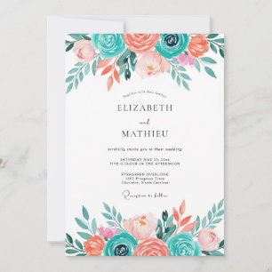 Teal Coral Floral Whimsical Wedding Invitation