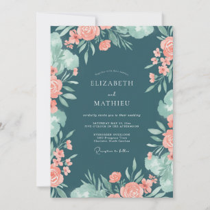 Teal Coral Foliage Eucalyptus Wedding Invitation