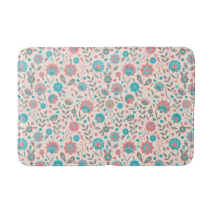 Teal & Coral Folk Art Floral Pattern Bath Mat