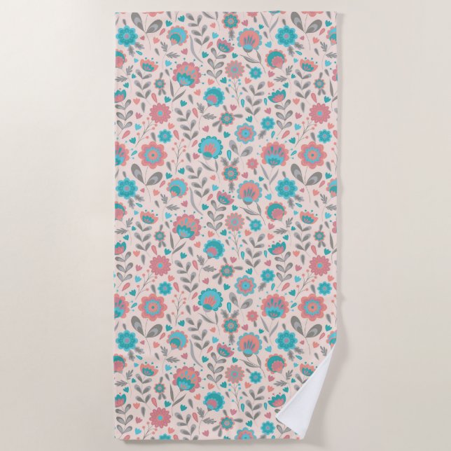 Teal & Coral Folk Art Floral Pattern Beach Towel (Front)
