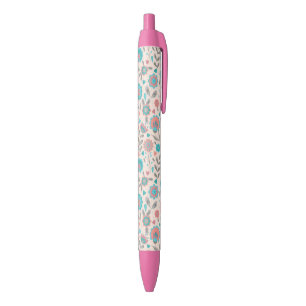 Teal & Coral Folk Art Floral Pattern Black Ink Pen