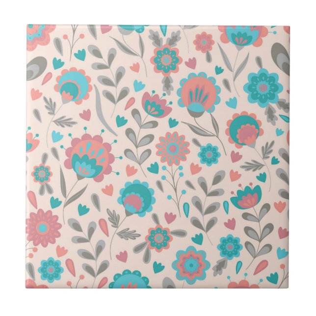 Teal & Coral Folk Art Floral Pattern Ceramic Tile (Front)