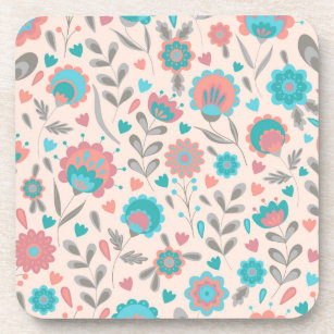 Teal & Coral Folk Art Floral Pattern Coaster