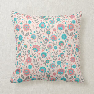 Teal & Coral Folk Art Floral Pattern Cushion
