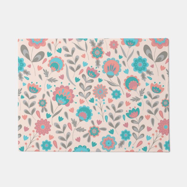Teal & Coral Folk Art Floral Pattern Doormat (Front)