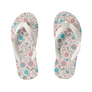 Teal & Coral Folk Art Floral Pattern Kid's Thongs