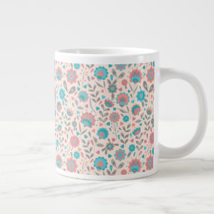 Teal & Coral Folk Art Floral Pattern Large Coffee Mug