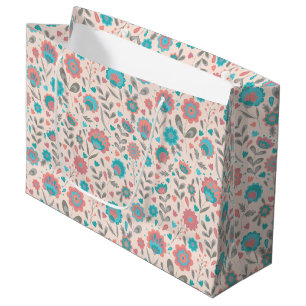 Teal & Coral Folk Art Floral Pattern Large Gift Bag