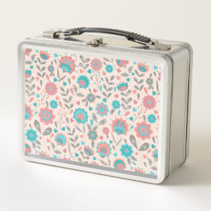 Teal & Coral Folk Art Floral Pattern Metal Lunch Box