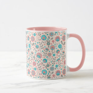 Teal & Coral Folk Art Floral Pattern Mug
