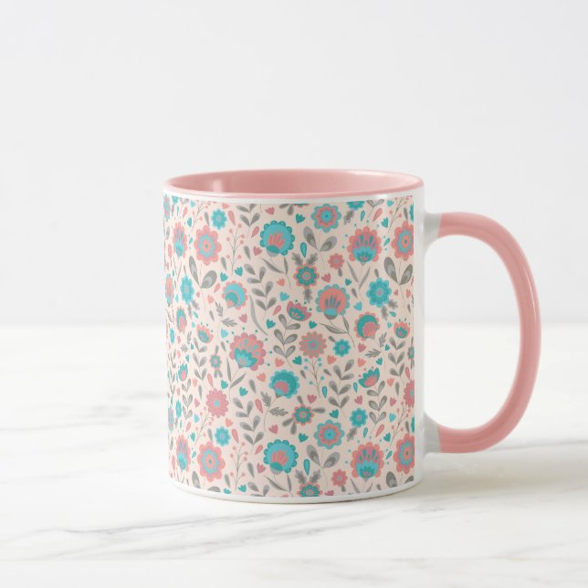 Teal & Coral Folk Art Floral Pattern Mug (Right)