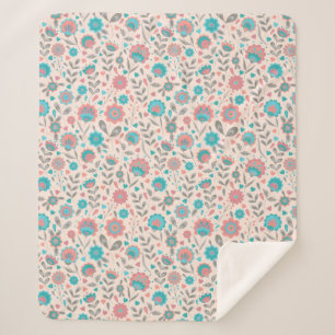 Teal & Coral Folk Art Floral Pattern Sherpa Blanket