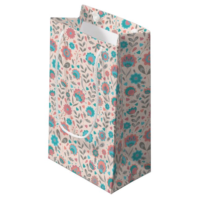 Teal & Coral Folk Art Floral Pattern Small Gift Bag (Front Angled)