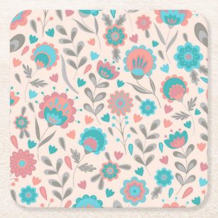 Teal & Coral Folk Art Floral Pattern Square Paper Coaster