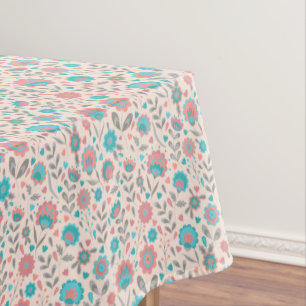 Teal & Coral Folk Art Floral Pattern Tablecloth