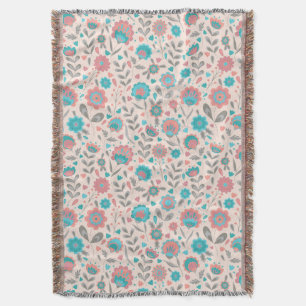 Teal & Coral Folk Art Floral Pattern Throw Blanket