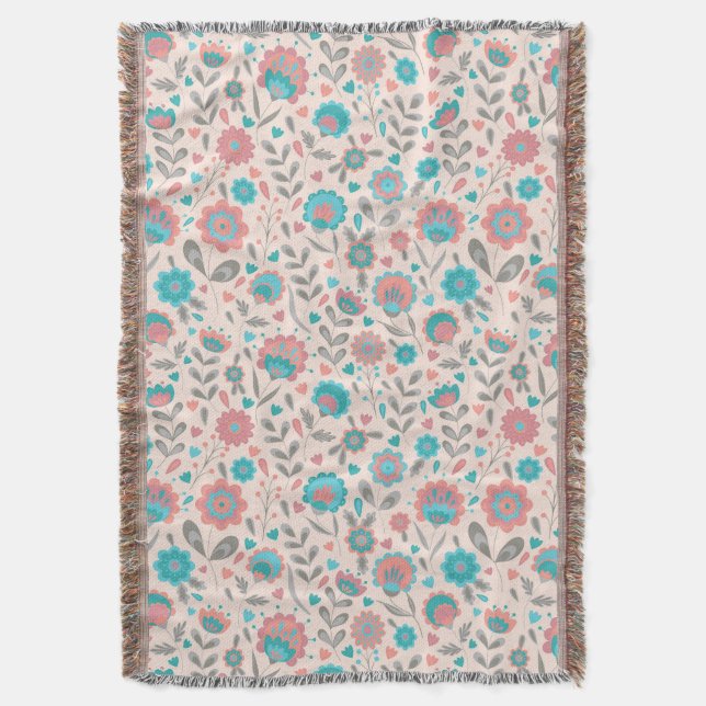 Teal & Coral Folk Art Floral Pattern Throw Blanket (Front Vertical)