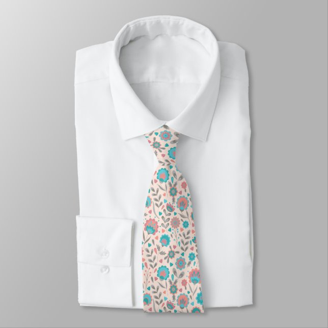 Teal & Coral Folk Art Floral Pattern Tie (Tied)