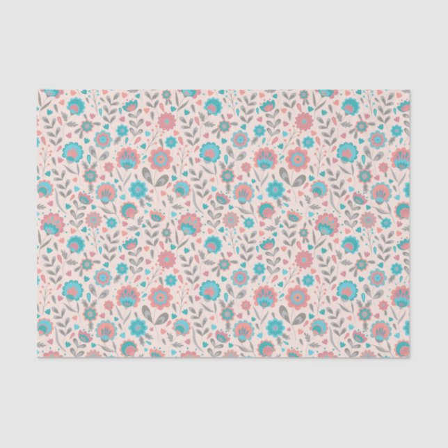 Teal & Coral Folk Art Floral Pattern Tissue Paper (Front)