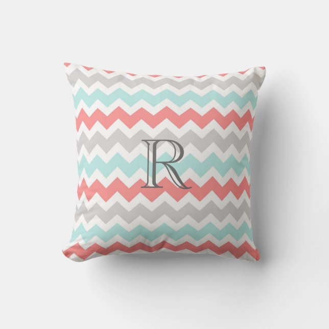 Teal Coral Grey Chevrons Pattern Monogram Pillow (Front)