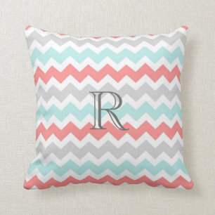 Teal Coral Grey Chevrons Pattern Monogram Pillow