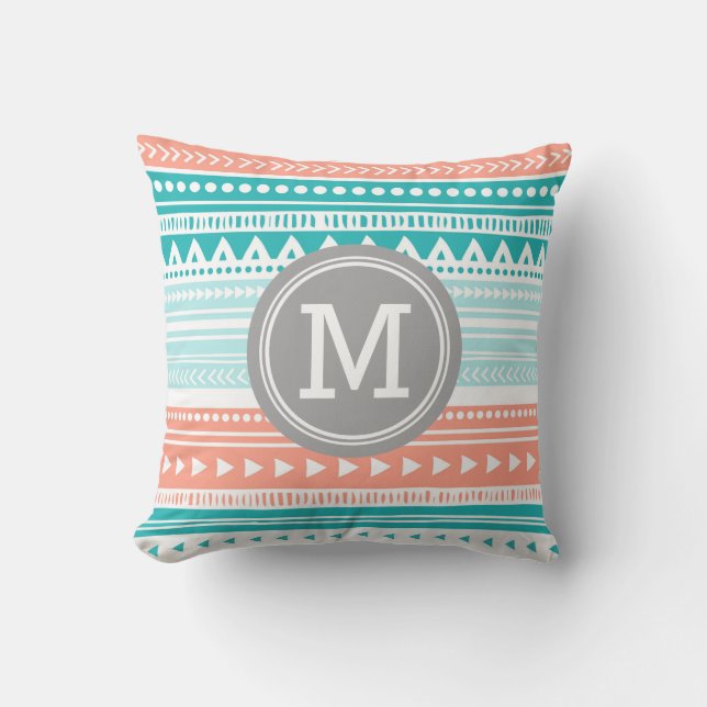 Teal Coral Grey Tribal Monogram Decorative Pillow (Front)