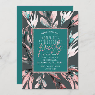 Teal Coral Grey Watercolor Botanical Glam Party Invitation
